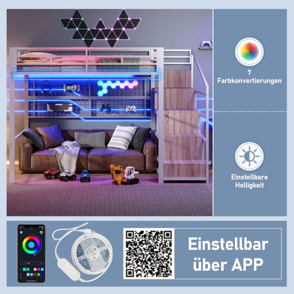 Merax Hochbett, kinderbett 140 x 200cm, mit LED-Leuchten Eisenrahmen, Kleiderschrank, Stauraumleiter, Freifläche unter dem Bett, ohne Matratze, weiß Bild 3
