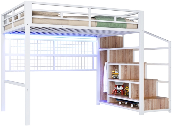 Merax Hochbett, kinderbett 140 x 200cm, mit LED-Leuchten Eisenrahmen, Kleiderschrank, Stauraumleiter, Freifläche unter dem Bett, ohne Matratze, weiß Bild 10