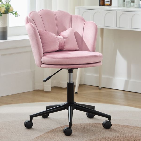 Drehstuhl 55 x 62 x 73-83 cm in Rosa – höhenverstellbar mit Samtbezug, Rollen und Lendenkissen