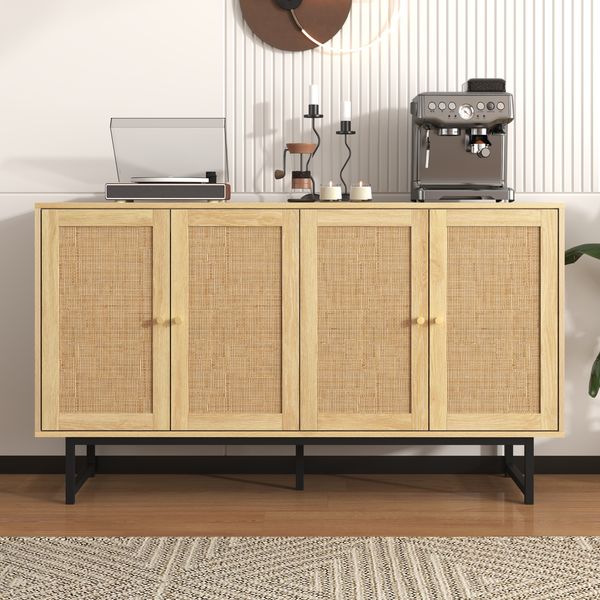 Sideboard 140x39,5x80 cm - Elegantes Design mit Rattan & Goldakzenten