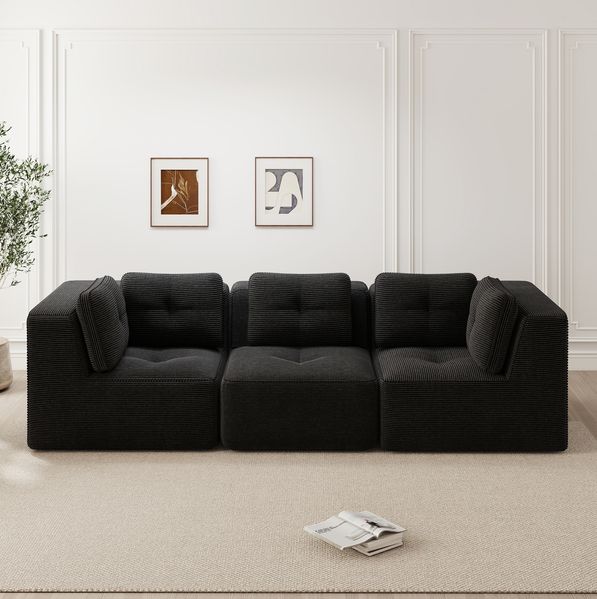Ecksofa modular 69cm×297cm×104cm in Schwarz – Cordbezug, tiefe Sitzfläche, keine Montage erforderlich