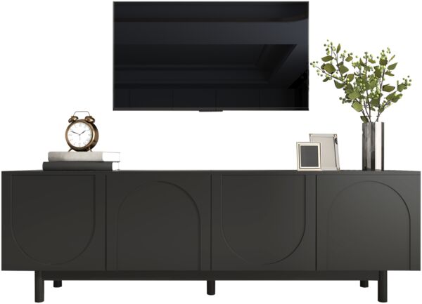 TV-Schrank 175 x 38 x 56 cm aus MDF/Spanplatte in Schwarz, 4 Türen mit Push-to-Open