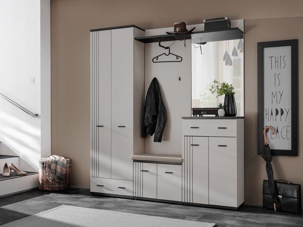 ASM-Moebel Garderoben-Set Flurgarderobe Schuhschrank HUGO III mit Sitzbank und Spiegel, Mit Spiegel und Sitzbank.