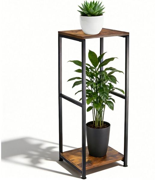 BlingBin Blumenhocker Pflanzenständer Metall Holz 81 cm – 2 Ebenen Blumenständer Eckregal (1er Set, 1 St, Pflanzenregal), Blumentopfhalter für Wohnzimmer, Küche, Balkon und überdachte Terrasse