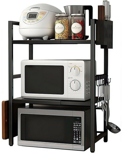 SURFOU Standregal Mikrowellen Regal 3-stufiges Mikrowellenständer Erweiterbares, mit 6 Haken Essstäbchenhalter Messerhalter Schneidebretthalter Küchenregal, für Küche und Aufbewahrung Mikrowellenhalter Kohlenstoffstahl
