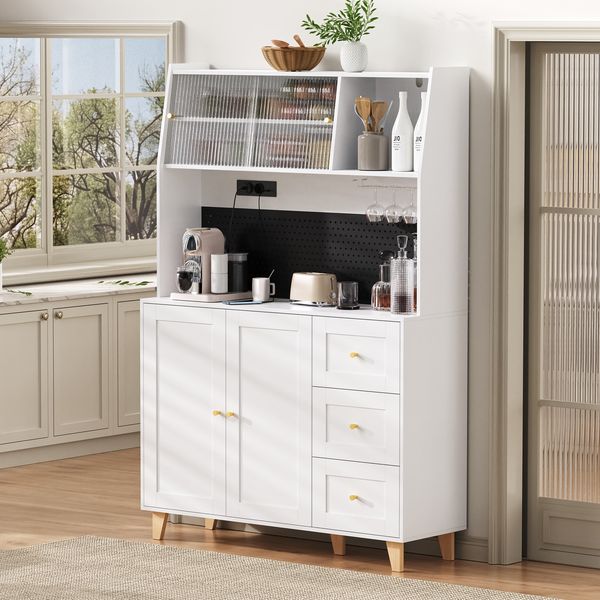 Hochschrank B 120 x T 40 x H 184 cm, weiß, aus MDF mit Schubladen, Fluted-Glas und Steckdosen