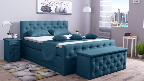Meisterbetten Boxspringbett Babo 100x220 in WT-Blau, Matratzenbezug Nano, Komfortschaum-Topper, mit Fussteil