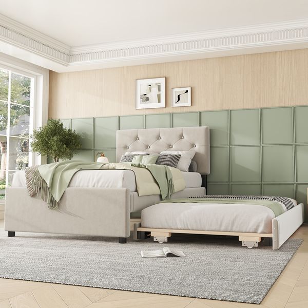 Polsterbett, 90x200 cm, Bett mit Lattenrost ohne Matratze, Bett mit Rollcontainer, Samt, Minimalistisch, Beige
