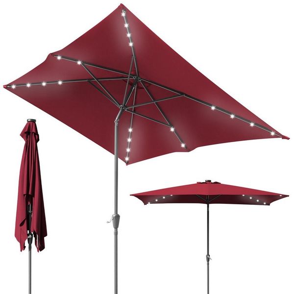 Clanmacy Sonnenschirm Rechteckig LED Solar Gartenschirm 3x2 m Sonnenschutz mit kurbel Rot, LxB: 300x200 cm, Stabiler knickbar/für Garten, Balkon, Terasse/Sonnenschutz