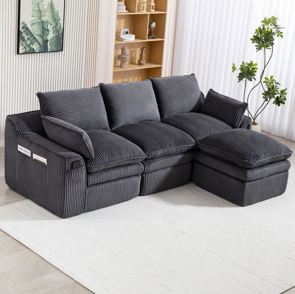 3-Sitzer Sofa 263 x 167 x 85 cm mit Hocker – modulares Cordsofa in Dunkelgrau mit Seitentaschen