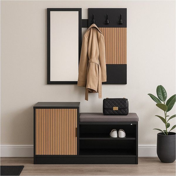 HTI-Living Garderobe Garderobenpaneel mit Spiegel und Schuhbank (Stück, 2 St, 1 Garderobenpaneel mit Spiegel, 1 Schuhbank), Set Wandgarderobe und Schuhregal mit Sitzkissen