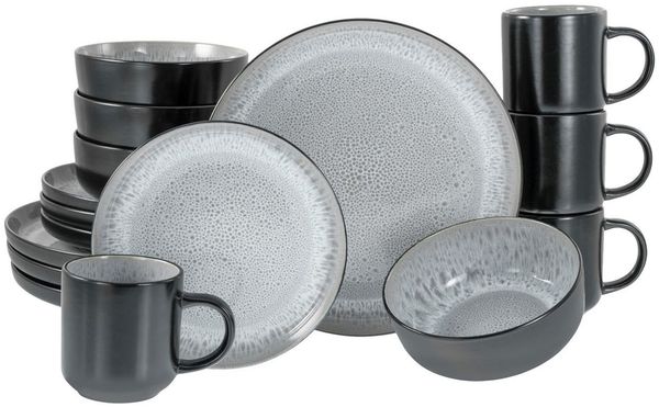 CreaTable Kombiservice NORDIC FJORD, Grau, Schwarz, mit Reaktivglasur, (16-tlg), 4 Personen, Steinzeug, Spülmaschinengeeignet, Mikrowellengeeignet