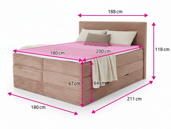 Boxspringbett Mollo XL mit 2 Bettkästen und Topper, mit Taschenfederkern- und Bonellfederkernmatratze, Doppelbett, Polsterbett aus Cordstoff mit Stauraum (Grün (Tilia 39), 180 x 200 cm) Bild 4