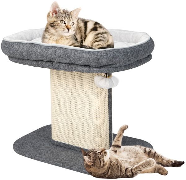 Moderner Kratzbaum Katzenmöbel mit großer Plüschsitzfläche & Sisal-Kratzplatte Grau