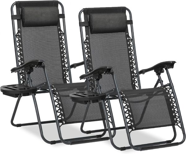 sunnypillow 2er Set Sonnenliegen Liegestuhl klappbar mit Getränkehalter - Gartenstühle für Garten Balkon - Gartenliege wetterfest/Outdoor - Relaxliege verstellbare Rückenlehne mit Armlehnen