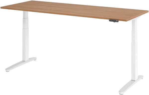 bümö elektrisch höhenverstellbarer Schreibtisch 200x80 cm in Nussbaum, Gestell in weiß/alu - Designer Bürotisch mit Memoryfunktion, elektrischer Stehschreibtisch höhenverstellbar, XBHM20-N-WC