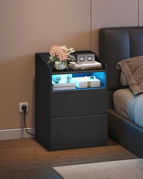 Nachttisch 2er Set, Beistelltisch mit 2 Schubladen, 2 AC-Steckdosen, 2 USB-A-Anschlüsse, LED-Beleuchtung, Offenes Fach, Modern, Schlafzimmer, Wohnzimmer, 35 x 40 x 58 cm, Schwarz