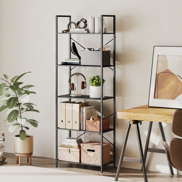 HOMCOM Bücherregal Industrielles Büroregal mit Metallrahmen, Standregal mit 5 Ebenen 1-tlg, für Wohnzimmer, Büro, Arbeitszimmer, 60x30x170,5 cm, Schwarz