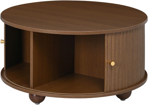 Merax Couchtisch, Rundcouchtisch, Wohnzimmertisch, umlaufende vertikale Reliefstruktur, zwei Schiebetüren, MDF-Korpus, Metallgriffe, kugelförmige Metallfüße, vier separate Ablagefächer, Nussbaum Bild 9