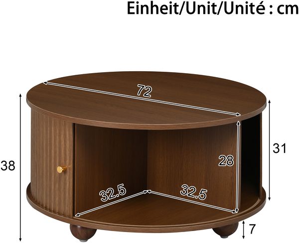 Merax Couchtisch, Rundcouchtisch, Wohnzimmertisch, umlaufende vertikale Reliefstruktur, zwei Schiebetüren, MDF-Korpus, Metallgriffe, kugelförmige Metallfüße, vier separate Ablagefächer, Nussbaum Bild 4