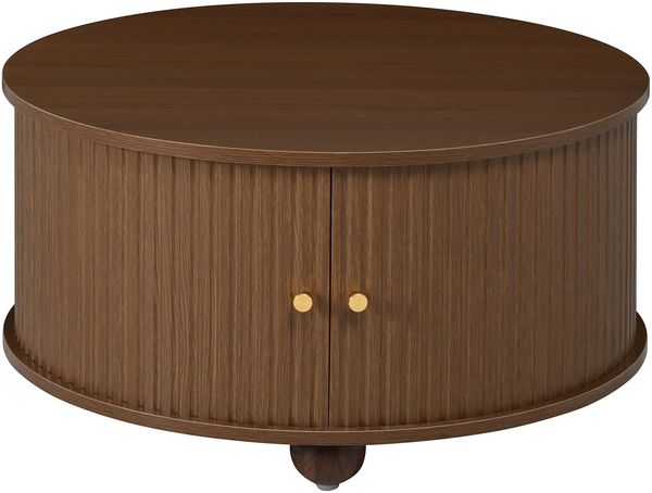 Merax Couchtisch, Rundcouchtisch, Wohnzimmertisch, umlaufende vertikale Reliefstruktur, zwei Schiebetüren, MDF-Korpus, Metallgriffe, kugelförmige Metallfüße, vier separate Ablagefächer, Nussbaum Bild 10