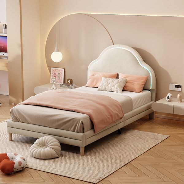 Polsterbett 90x200 cm mit LED-Beleuchtung, Wolkenkopfteil, Beige, ohne Matratze