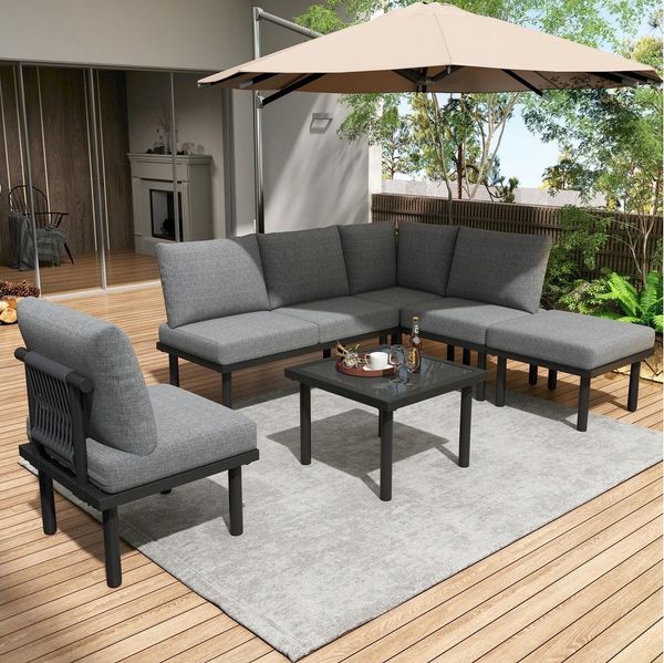 Celya Gartenlounge-Set Gartenlounges Balkon, Gartenmöbel Set 6 Personen aus Seil, (Gartenmöbel-Set aus Seil, beige geflochtenes Seil, verstellbare Füße, glatte Glastischplatte, inkl. aller Sitz- und Rückenkissen), Garten-Loungesessel-Set mit verzinktem...