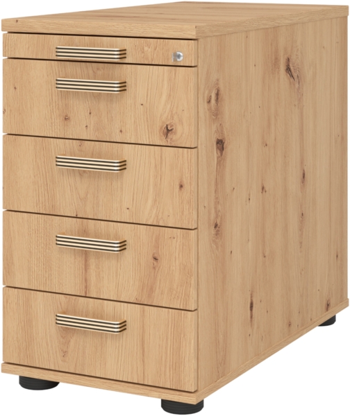 bümö Schreibtisch Schrank abschließbar, Schubladenschrank Holz in Asteiche, Container mit Schubladen - Schubladen Schrank Büro, Schreibtisch Container od. Schreibtisch Kommode mit Streifengriffe, SC50-R-R-SG
