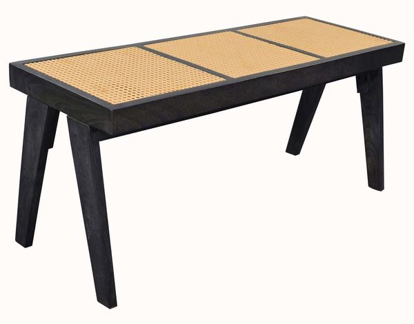 Sitzbank Rattan Akazie Massivholz 120cm Schwarz - Design Holzbank Wiener Geflecht - Bettbank Flurbank Retro - Esszimmerbank Bank Handmade