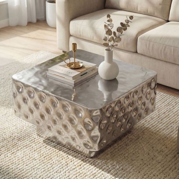 FINEBUY Couchtisch FB77628 Sofatisch 60cm Wohnzimmertisch Beistelltisch Hammerschlag (Quadratischer Tisch in gehämmerter Optik), Komplett aus robustem Metall gefertigt