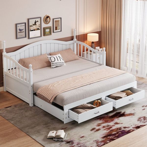 MODFU Schlafsofa Multifunktionales Zwei-in-Eins-Tagesbett, Ausziehbares Schlafsofa aus Massivholz 90x190cm bis 180x190cm – Mit eleganter römischer Säule, geschwungener Rückenlehne, Stauraum-Schubladen, stabiler Lattenrost, ohne Matratze
