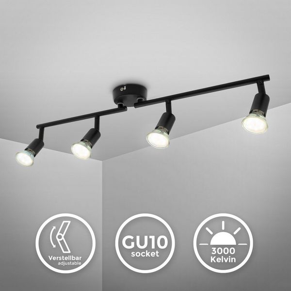 B.K.Licht Deckenleuchte LED Deckenlampe Wohnzimmer Küche Bad 60 cm 4-flammig GU10 12W 1000lm, LED wechselbar, 3000K - Warmweiß, 4er Deckenstrahler Spot schwenkbar & drehbar Messing schwarz - BKL1546