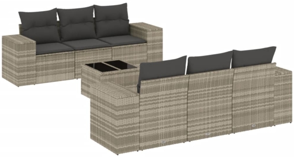 vidaXL 7-tlg. Garten-Sofagarnitur mit Kissen Hellgrau Poly Rattan 3222311
