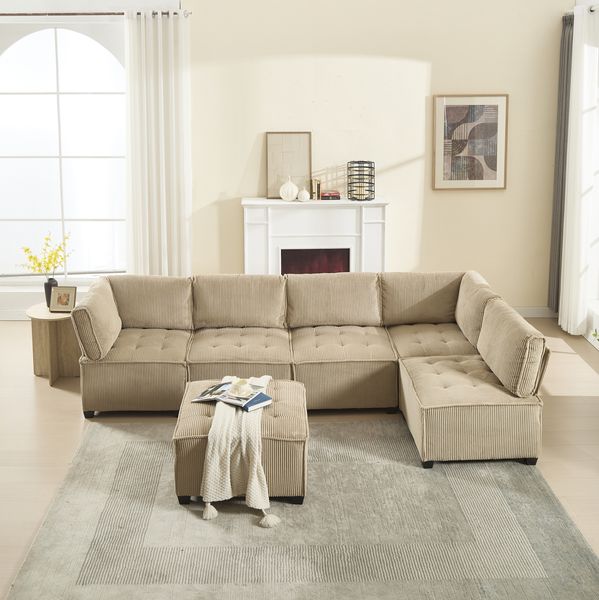 Modulares 6-Sitzer Cord-Sofa, khaki, frei kombinierbar, ca. 308x154x82 cm