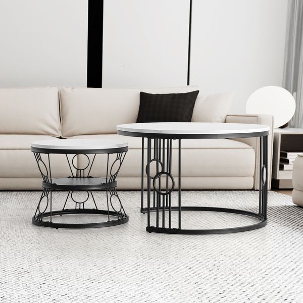 2er-Set Couchtisch aus MDF mit lötstellenfreiem Metallrahmen & Safety-Design, 70x70x45 cm + 45x45x37 cm