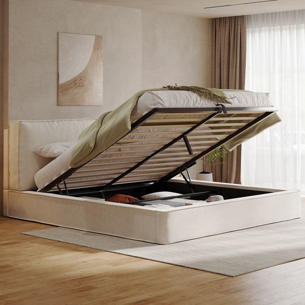 Polsterbett,Doppelbett,180x200 cm,hydraulisches Funktionsbett,Bett mit Lattenrost, Kopfteil, gepolstertes Kopfteil, Beige Chenille