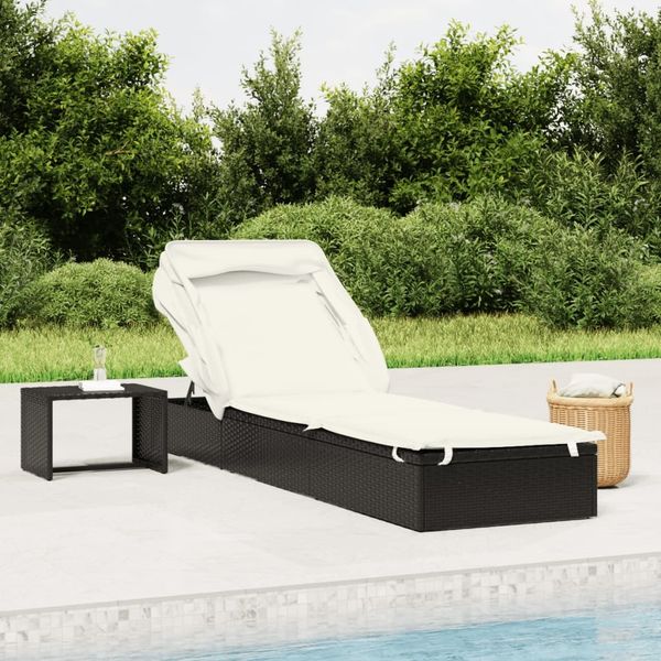 vidaXL Sonnenliege, mit Faltdach, Poly Rattan Schwarz, 213 x 63 x 97 cm