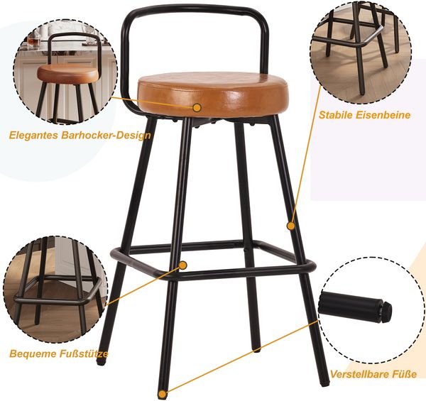 Merax Barhocker 4er Set mit ergonomischer Rückenlehne, wasserabweisendem PU-Leder und stabilen Eisenbeinen,Barstuhl mit Rückenlehne, Fußstütze, Braun Bild 3
