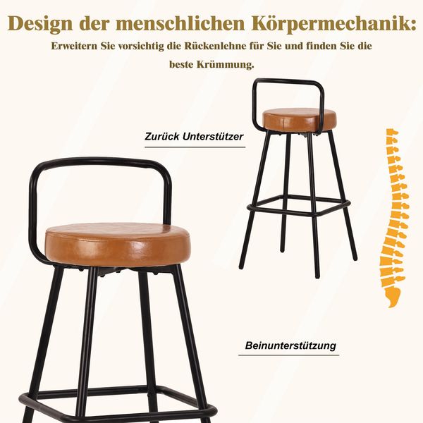 Merax Barhocker 4er Set mit ergonomischer Rückenlehne, wasserabweisendem PU-Leder und stabilen Eisenbeinen,Barstuhl mit Rückenlehne, Fußstütze, Braun Bild 5