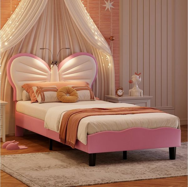 Furnishings Home Polsterbett Kinderbett Einzelbett, Schmetterlingskopfteil (1-tlg, Geeignet für Jugendliche und Kinder), Mit LED Beleuchtung, Leselampe, Lattenrost, Samt, 90x200cm