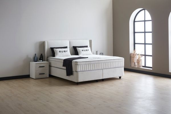abc bedding Boxspringbett Komfortbett RUBY mit Samtstoff in Weiß, Voll-orthopädisches Schlafsystem inklusive Bettkasten