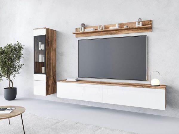 Home affaire Wohnwand VERA I, Vitrinen Türanschlag links/rechts wechselbar, (Komplett-Set, 3-St), Mediawand 230 cm, Vitrine mit Verglasung, stehend und hängend