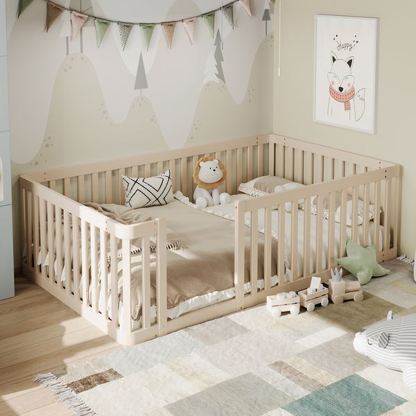 Kinderbett mit Zaun und Rausfallschutz, Babybett ohne Lattenrost, 90x200 cm, Holzbett, Einzelbett
