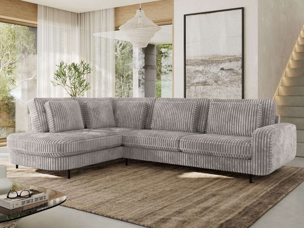 CALENO L-Form Ecksofa 317x225 cm, Massivholz-Rahmen & Wellenfedern, Sitzhöhe 51 cm, modernes Polstersofa rückenecht bezogen & freistehend - Hellgrau Cord - Links Seite