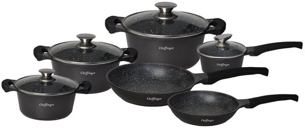 Kochtopf Topf Pfannen Set Kochgeschirr 10-tlg Alu-Guss Cheffinger schwarz DB1010