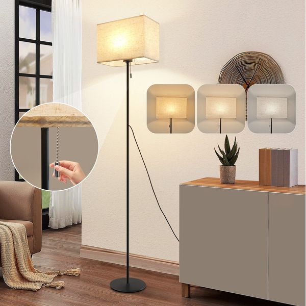 ZMH Stehlampe Wohnzimmer Vintage Stehleuchte: LED Dimmbar Standleuchte 134cm Standlampe Beige Lampenschirm 3000K-6500K Wohnzimmerlampe Seilzugschalter Retro Stoff Leselampe für Schlafzimmer Büro