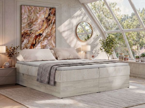 Boxspringbett 180 x 200 cm NORDIC ZERO, 7-Zonen-Multipocket-Matratze H4, Topper T25, zwei Bettkästen - Beige Cord