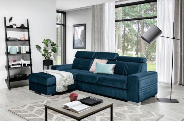 Ecksofa Schlafsofa NOLAN XS inkl. USB in Stoff Element Blau Ottomane Links