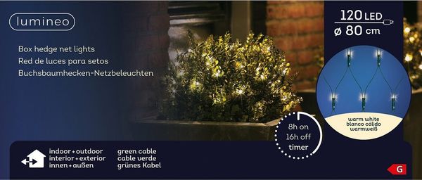 Lumineo LED-Lichternetz Lumineo Buchsbaumbeleuchtung 120 LED D: 80 cm warm weiß, grünes Kabel, In-/Outdoor, Hecken-Beleuchtung, 8h-Timer