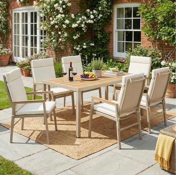 STILVORA Gartenlounge-Set für 6 Personen Garten-Essgruppe Gartenmöbel-Set mit 1 Tisch & 6 Stühle, (Garten-Essgruppe 6-Sitzer, Tisch + 6 Stühle, Metall WPC, 6 Personen Set, Khaki/Beige, Outdoor), atmungsaktiv, rostfrei, komfortabel, stabil, pflegeleicht